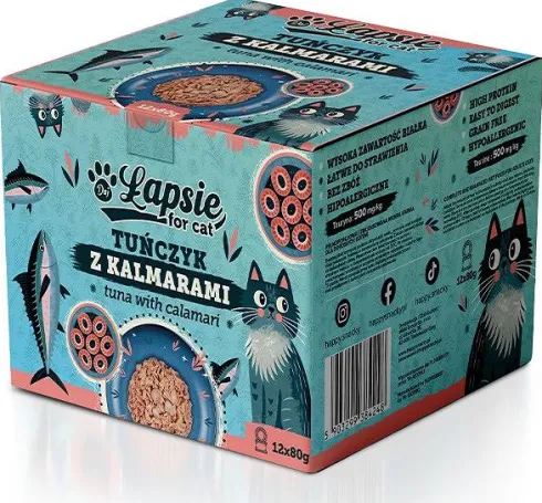 Łapsie for Cat Adult Tuńczyk z kalmarami Mokra karma dla kota. op. 80g Pakiet 12szt.