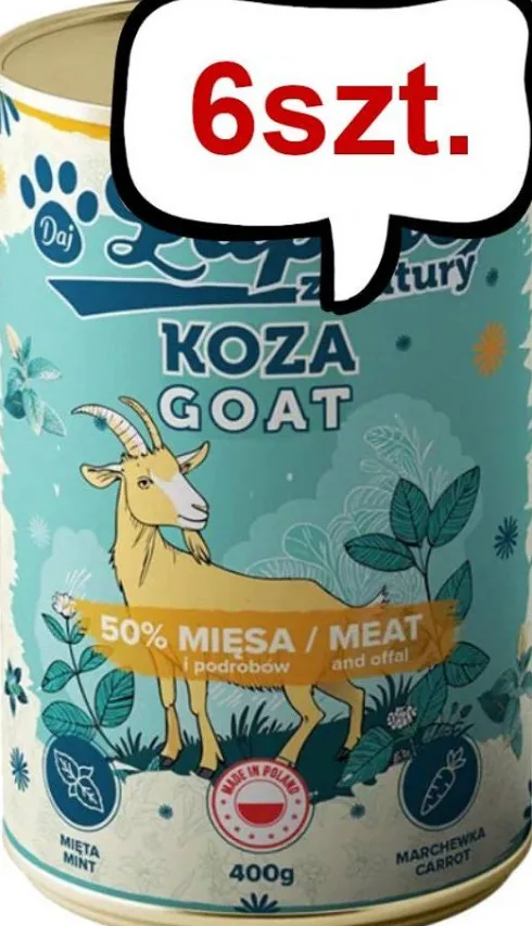 Łapsie z Natury Adult Koza z Miętą Mokra karma dla psa. op. 400g Pakiet 6szt.