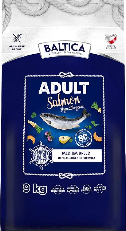 Baltica Excellent Hypoallergenic Adult Medium Salmon Sucha Karma dla psa op. 9kg + Baltica Przysmak Hello Summer i Piłka plażowa GRATIS