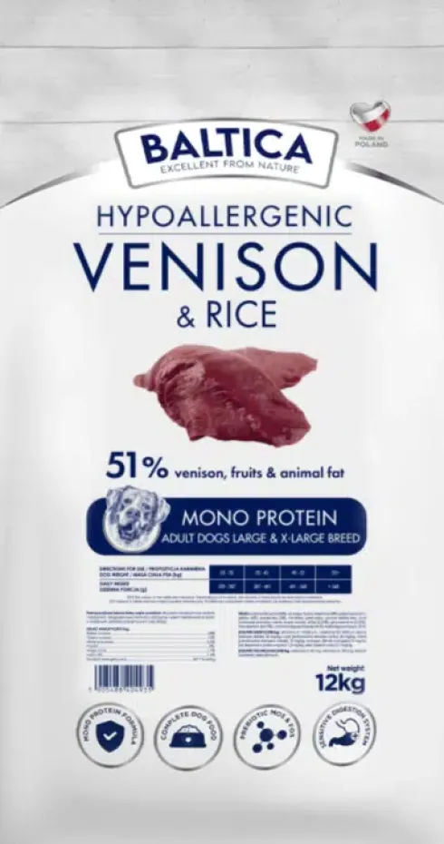 Baltica Hypoallergenic Adult Large Venison&Rice Sucha karma dla psa op. 12kg + Baltica Przysmak Hello Summer i Piłka plażowa GRATIS