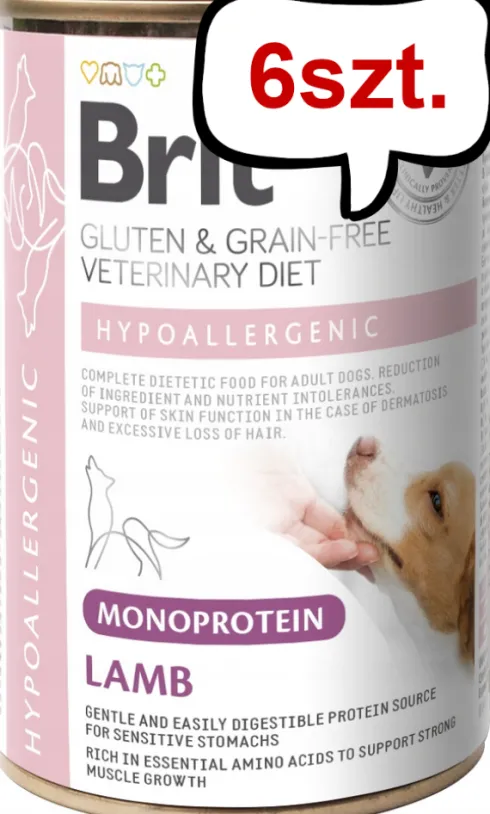 Brit Veterinary Diet Hypoallergenic MONO Lamb Mokra Karma dla psa op. 400g Pakiet 6szt.