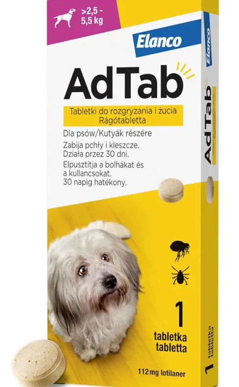 Elanco AdTab Tabletka na kleszcze i pchły 112.5mg dla psa o wadze 2.5kg-5.5kg op. 1szt. Pakiet 3szt.