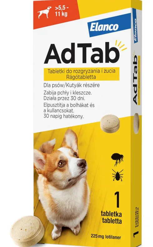 Elanco AdTab Tabletka na kleszcze i pchły 225mg dla psa o wadze 5.5kg-11kg op. 1szt.
