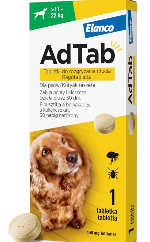Elanco AdTab Tabletka na kleszcze i pchły 450mg dla psa o wadze 11kg-22kg op. 1szt. Pakiet 3szt.