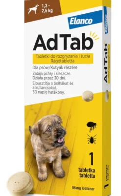 Elanco AdTab Tabletka na kleszcze i pchły 56.25mg dla psa o wadze 1.3kg-2.5kg op. 1szt. Pakiet 3szt.