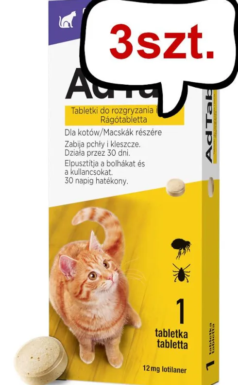 Elanco AdTab Tabletka na kleszcze i pchły 12mg dla kota o wadze 0.5kg-2kg op. 1szt. Pakiet 3szt.