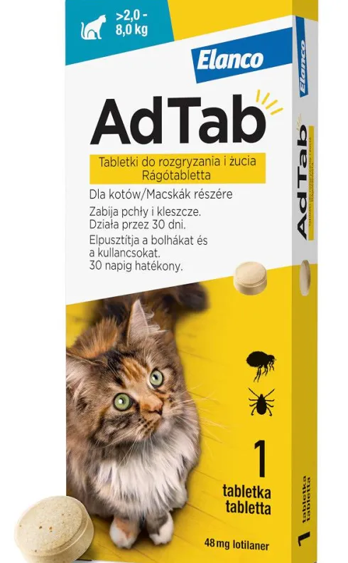 Elanco AdTab Tabletka na kleszcze i pchły 48mg dla kota o wadze 2kg-8kg op. 1szt.
