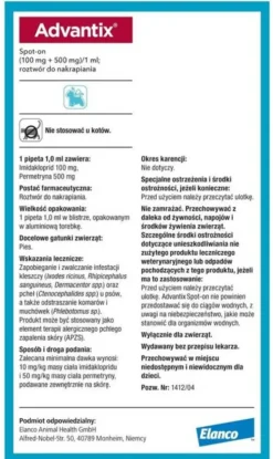 Elanco Advantix Krople na kleszcze i pchły dla psa 4-10kg op. 1ml (4 pipety)