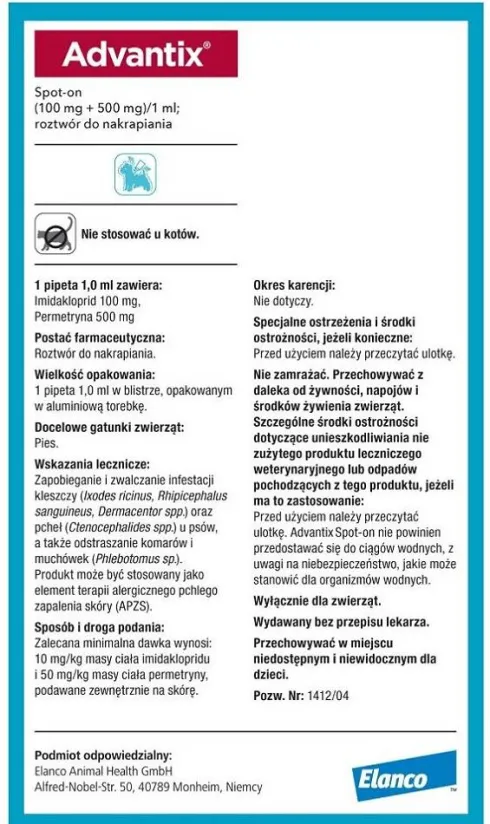 Elanco Advantix Krople na kleszcze i pchły dla psa 4-10kg op. 1ml (4 pipety)