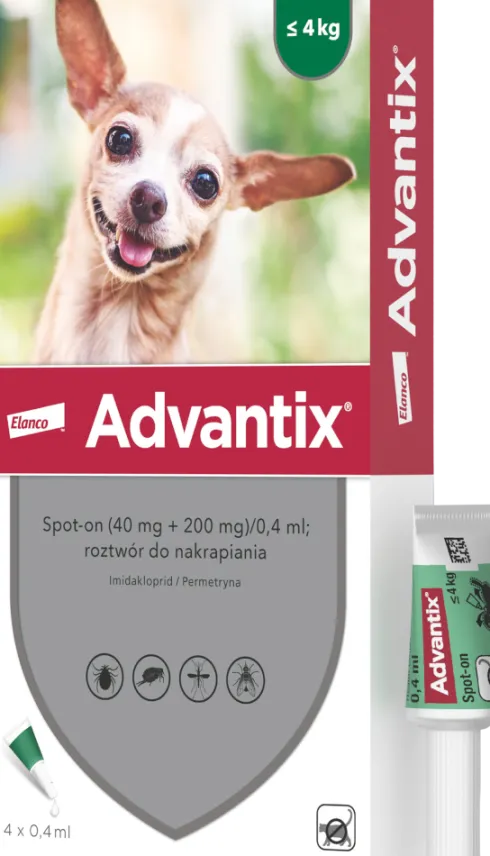 Elanco Advantix Krople na kleszcze i pchły dla psa poniżej 4kg op. 0.4ml (4 pipety)