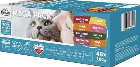 Frendi Kawałki Mięsne w Delikatnym Sosie Mokra Karma dla kota MEGA PAK op. 48x100g