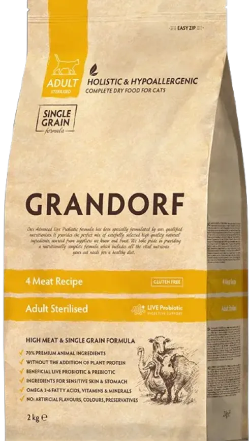 Grandorf Adult Sterilized 4 Meat Recipe Sucha Karma dla kota op. 2kg