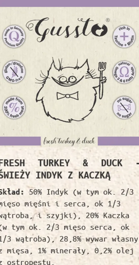 Gussto Fresh Turkey&Duck Mokra Karma dla kota op. 85g Pakiet 8szt.