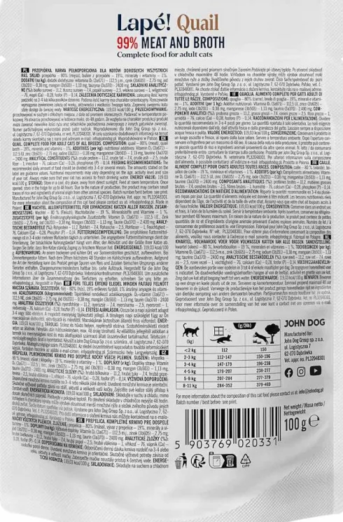 John Dog Adult Lapé Przepiórka Mokra Karma dla kota op. 100g Pakiet 10szt.