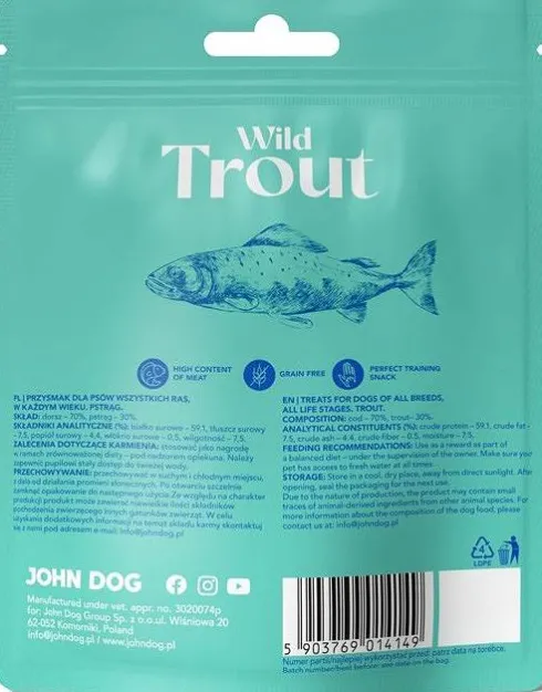 John Dog Wild Fish Trout przysmak z suszonym pstrągiem dla psa 100g