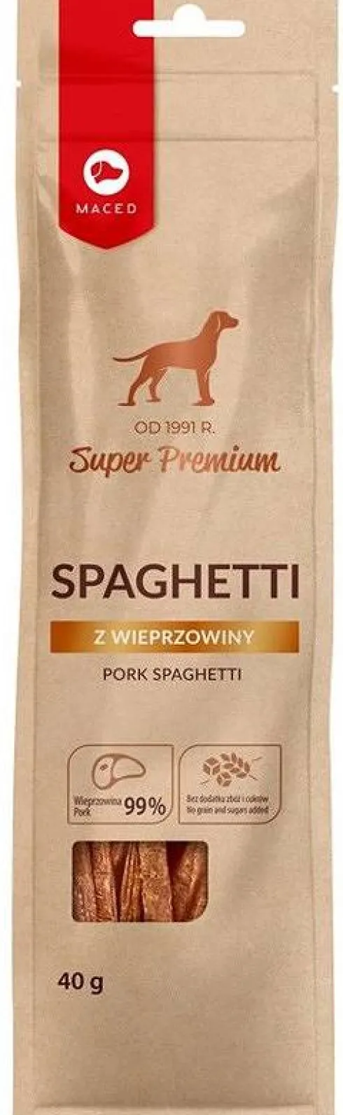 Maced Super Premium Spaghetti Przysmak z wieprzowiną op.40g