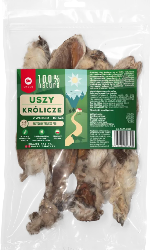 Maced Uszy suszone królicze naturalne z futrem dla psa op. 10szt