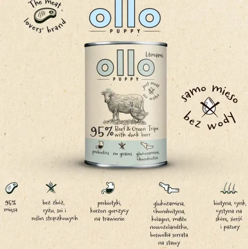 Ollo Puppy Umami Beef&Green Tripe with Duck liver Mokra Karma dla szczeniąt op. 400g