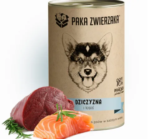 Paka Zwierzaka Dziczyzna i łosoś Mokra karma dla psa op. 400g Pakiet 12szt. + Worek bawełniany GRATIS