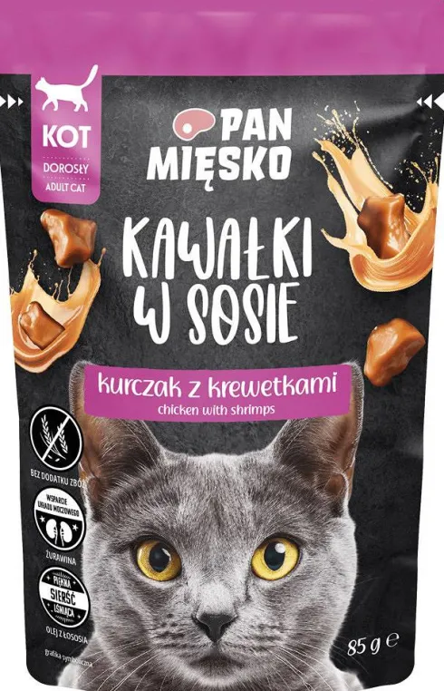 Pan Mięsko Adult Kurczak z krewetkami w sosie Mokra Karma dla kota op. 85g Pakiet 12szt.