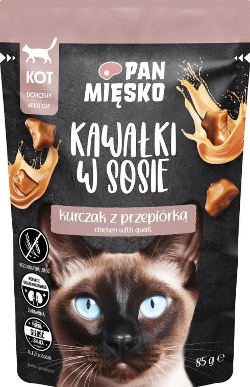 Pan Mięsko Adult Kurczak z przepiórką w sosie Mokra Karma dla kota op. 85g Pakiet 12szt.