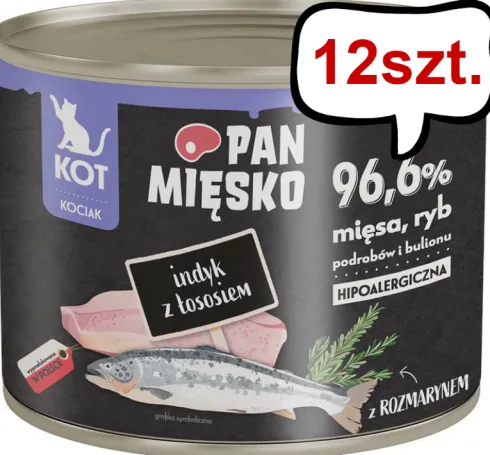 Pan Mięsko Kitten Indyk z łososiem Mokra Karma dla kociąt op. 200g Pakiet 12szt.