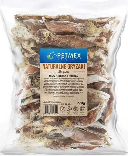 Petmex Uszy suszone królika naturalne z futrem op. 500g