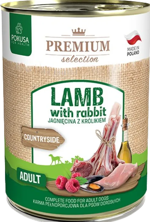 Pokusa Premium Selection Countryside Adult Jagnięcina z królikiem Mokra Karma dla psa op. 400g Pakiet 6szt. + Silikowana pokrywka z łyżeczką GRATIS