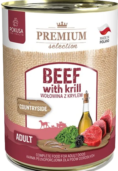 Pokusa Premium Selection Countryside Adult Wołowina z krylem Mokra Karma dla psa op. 400g Pakiet 6szt. + Silikonowa pokrywka z łyżeczką GRATIS