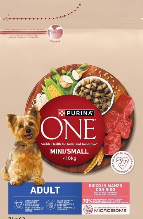 Purina ONE Dog Adult Mini/Small z Wołowiną Sucha Karma dla psa op. 3kg + Pojemnik na woreczki GRATIS