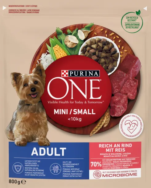 Purina One Dog Adult Mini/Small z Wołowiną Sucha Karma dla psa op. 800g + Pojemnik na woreczki GRATIS