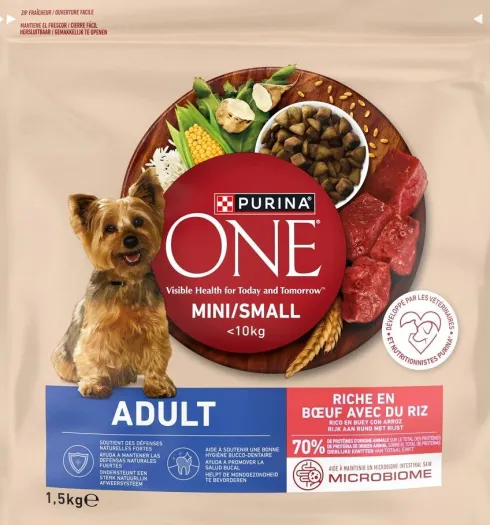 Purina ONE Dog Adult Mini/Small z Wołowiną Sucha Karma dla psa op. 1.5kg + Pojemnik na woreczki GRATIS
