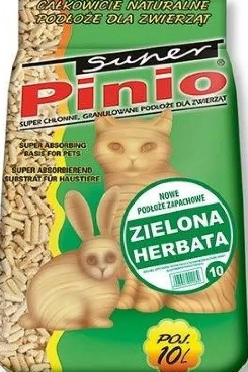 Super Pinio Żwirek drzewny Naturalny zapach zielona herbata dla zwierząt domowych poj. 10l Pakiet 4szt. WYPRZEDAŻ