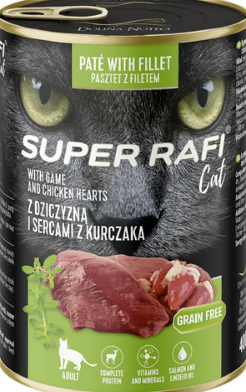 Super Rafi Cat Adult Dziczyzna i serca z kurczaka Mokra Karma dla kota op. 400g