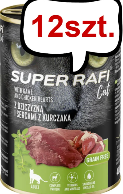 Super Rafi Cat Adult Dziczyzna i serca z kurczaka Mokra Karma dla kota op. 400g Pakiet 12szt.