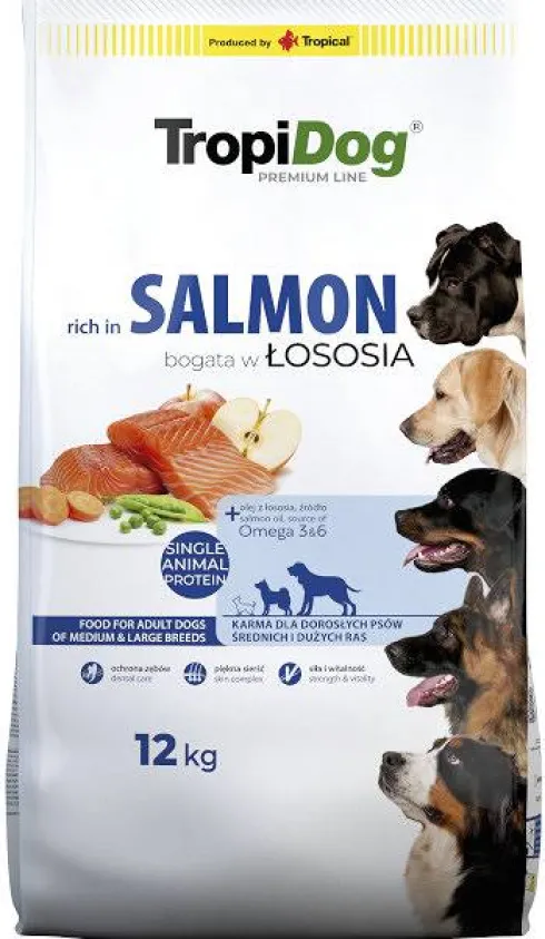 TropiDog Premium Adult Medium/Large Salmon Sucha Karma dla psa op. 12kg WYPRZEDAŻ