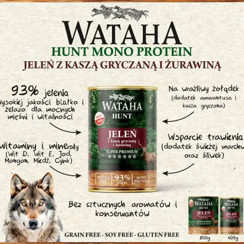 Wataha Hunt Adult Jeleń z kaszą gryczaną i żurawiną Mokra Karma dla psa op. 800g Pakiet 6szt.