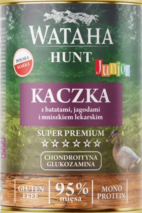 Wataha Hunt Junior Kaczka z batatami, jagodami i mniszkiem lekarskim Mokra Karma dla psa op. 400g Pakiet 12szt.
