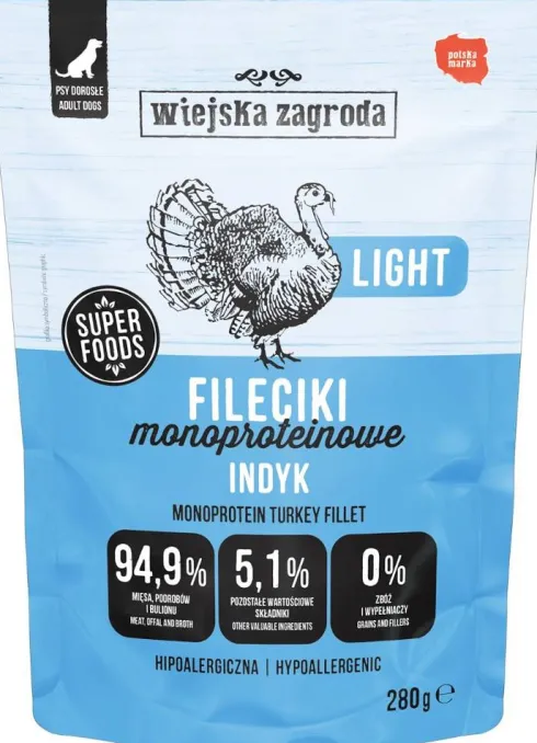Wiejska Zagroda Adult Fileciki Monoproteinowe LIGHT Indyk Mokra Karma dla psa op. 280g Pakiet 6szt.