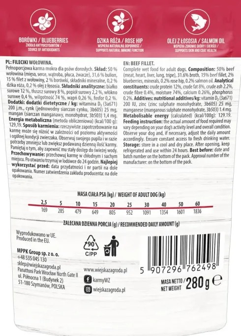 Wiejska Zagroda Adult Fileciki Monoproteinowe Wołowina Mokra Karma dla psa op. 280g