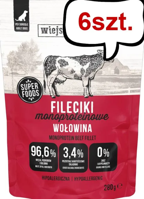 Wiejska Zagroda Adult Fileciki Monoproteinowe Wołowina Mokra Karma dla psa op. 280g Pakiet 6szt.