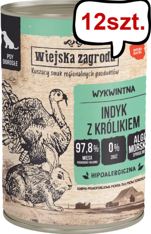 Wiejska Zagroda Adult Indyk z królikiem Mokra Karma dla psa op. 400g Pakiet 12szt.