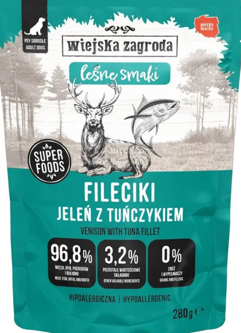 Wiejska Zagroda Adult Leśne Smaki Fileciki Jeleń z tuńczykiem Mokra Karma dla psa op. 280g