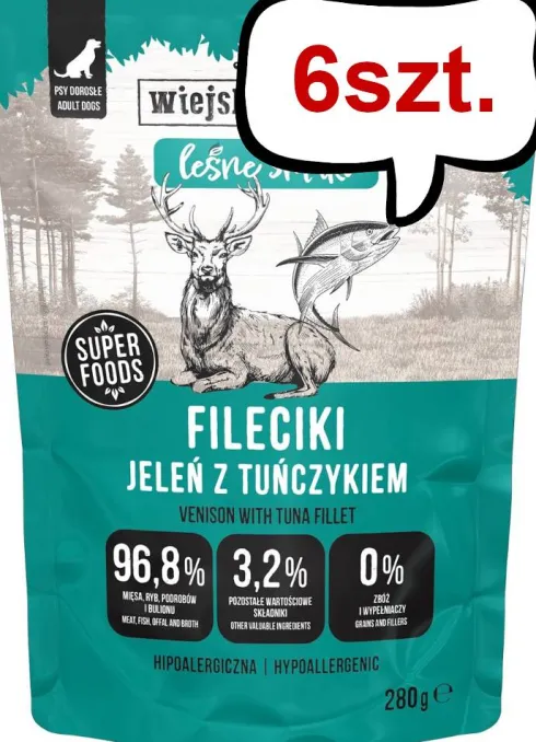 Wiejska Zagroda Adult Leśne Smaki Fileciki Jeleń z tuńczykiem Mokra Karma dla psa op. 280g Pakiet 6szt.
