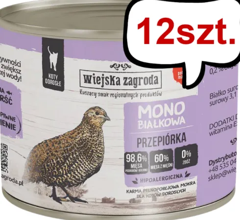 Wiejska Zagroda Adult Monobiałkowa Przepiórka Mokra Karma dla kota op. 200g Pakiet 12szt.