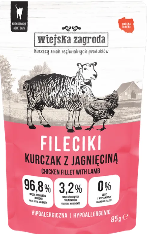 Wiejska Zagroda Fileciki Kurczak z jagnięciną Mokra Karma dla kota op. 85g Pakiet 12szt.