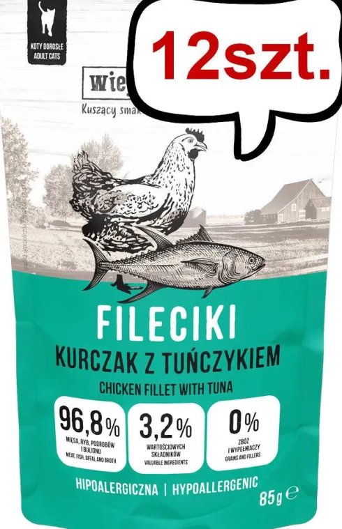 Wiejska Zagroda Fileciki Kurczak z tuńczykiem Mokra Karma dla kota op. 85g Pakiet 12szt.
