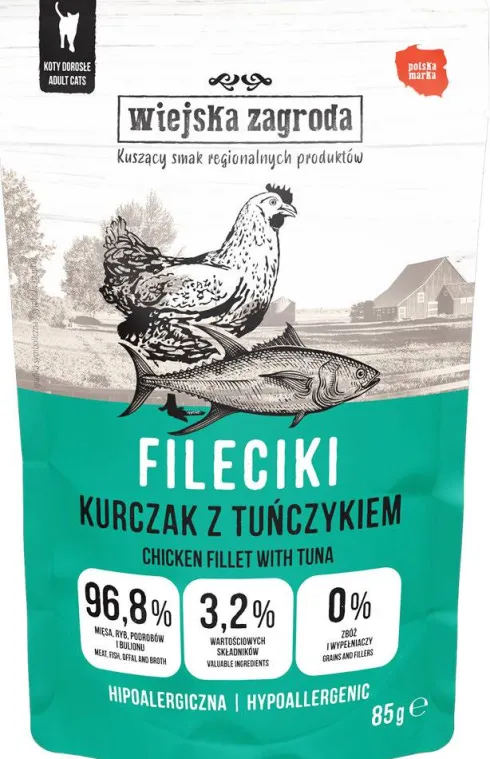Wiejska Zagroda Fileciki Kurczak z tuńczykiem Mokra Karma dla kota op. 85g Pakiet 12szt.
