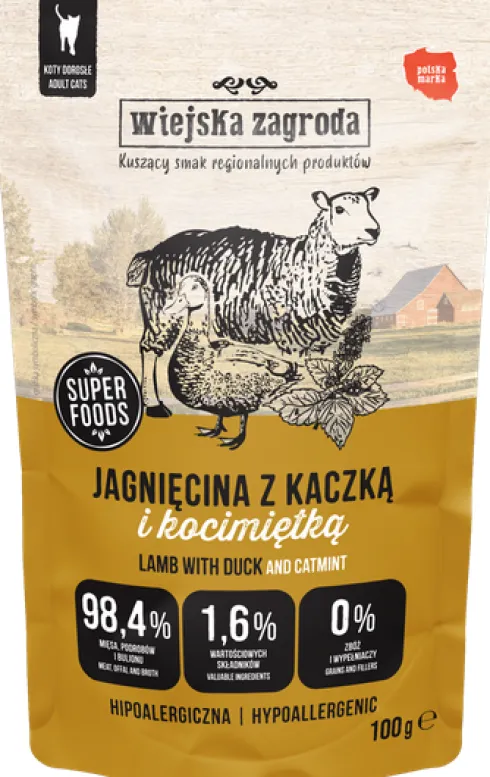 Wiejska Zagroda Jagnięcina z kaczką i kocimiętką Mokra Karma dla kota op. 100g Pakiet 12szt.