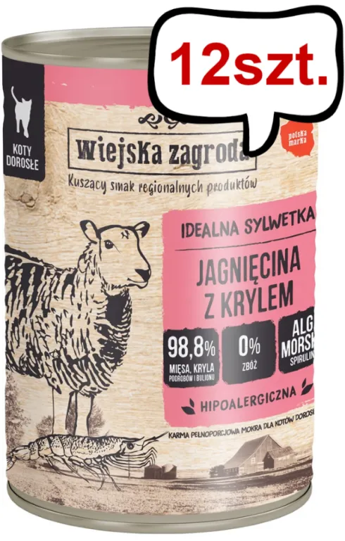Wiejska Zagroda Jagnięcina z Krylem Mokra Karma dla kota op. 400g Pakiet 12szt.